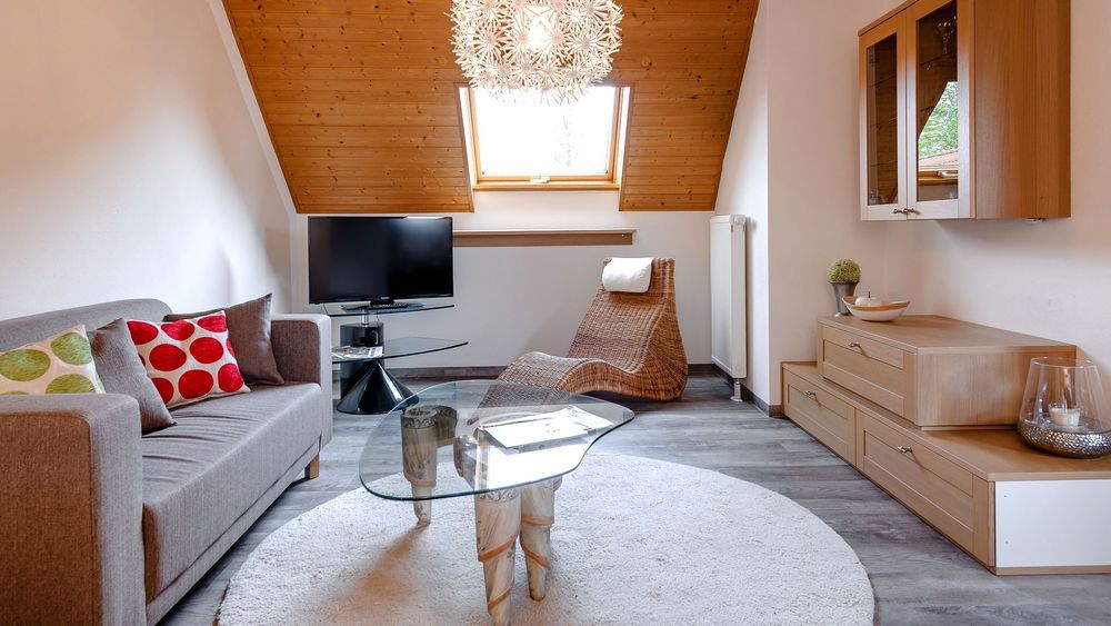 Wohnzimmer mit Sofa, Fernseher und Rattanliege unter Dachfenster.