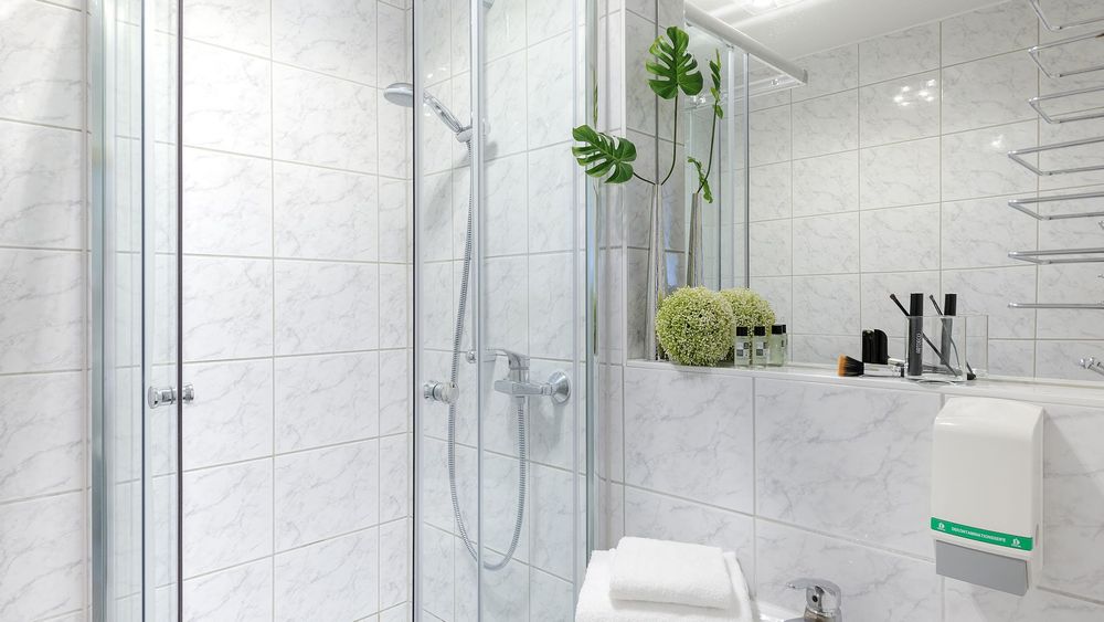 Helles Badezimmer mit Glasdusche, weißen Fliesen und dekorativen Pflanzen auf der Ablage.